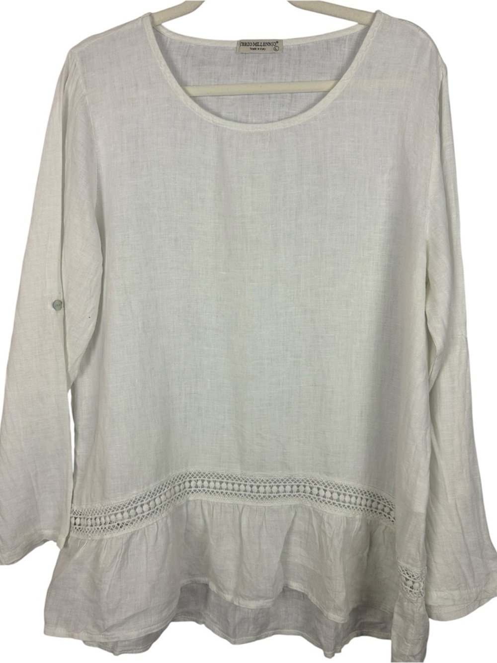 Terzo Millennio White 100% Linen Crochet Ruffle Hem Roll-Tab Sleeve Tunic Top L